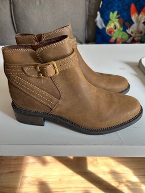 Clarks Tan Leather Ankle Booties with Buckle